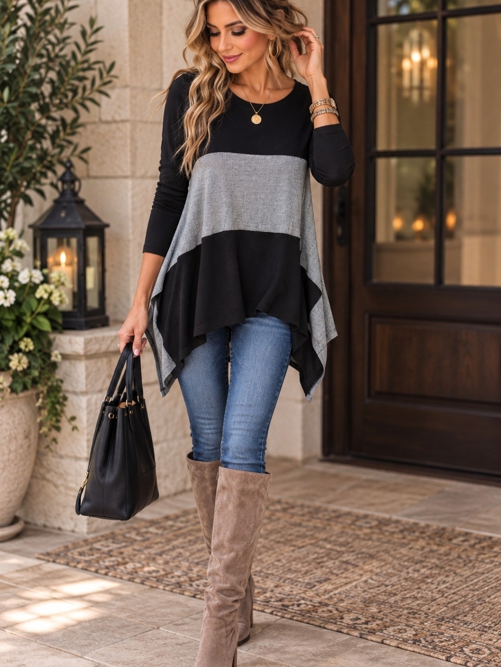 Womens Black & Gray Colorblock Handkerchief Hem Top S/M